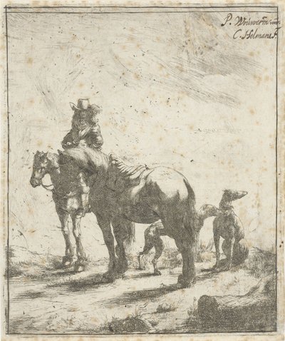 Ruiter met twee paarden en twee honden door Cornelis A. Hellemans