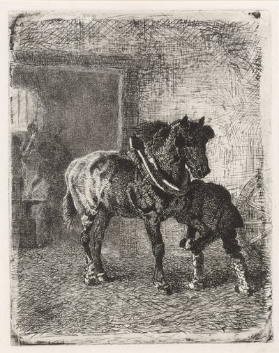 Paard krijgt hoefijzers in een smederij door Cornelis Albertus Johannes Schermer