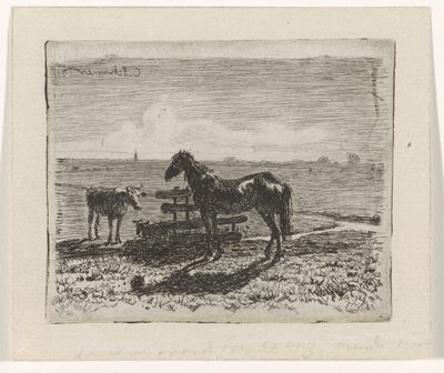 Weiland met een paard en twee koeien door Cornelis Albertus Johannes Schermer