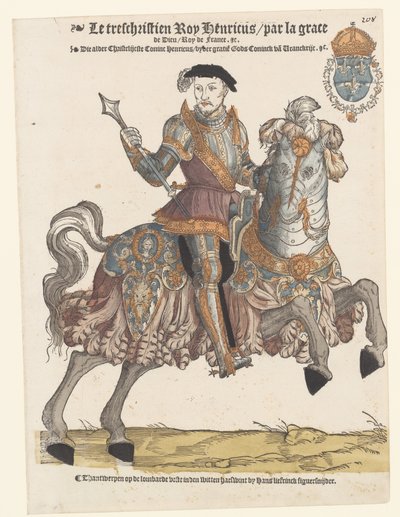 Portret van Hendrik II van Frankrijk in harnas te paard, naar rechts door Cornelis Anthonisz. (manner of)