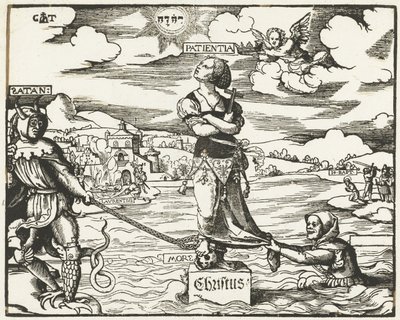 Geduld (Patientia) op een steen in het water door Cornelis Anthonisz.