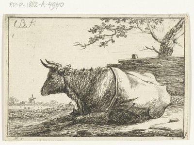 Landschap met liggende koe met dek op de rug door Cornelis  Bisschop