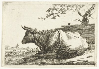 Landschap met liggende koe met dek op de rug door Cornelis  Bisschop