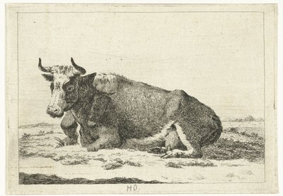 Landschap met liggende koe met horens (serie titel: Koeien) door Cornelis  Bisschop