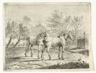 Weidelandschap met twee paarden bij bruggetje en boerderij door Cornelis  Bisschop