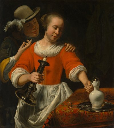 Een jonge vrouw en een cavalier door Cornelis Bisschop