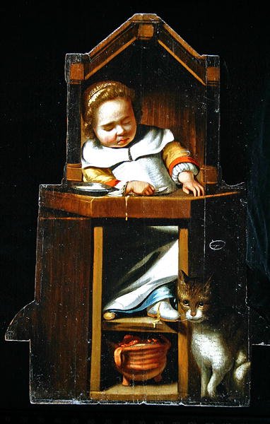 Dummy bord met afbeelding van een slapende jongen in een hoge stoel door Cornelis Bisschop