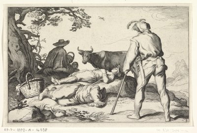 Veehoeders, Vier pastorale scènes (serietitel) door Cornelis Bloemaert (II) (possibly)