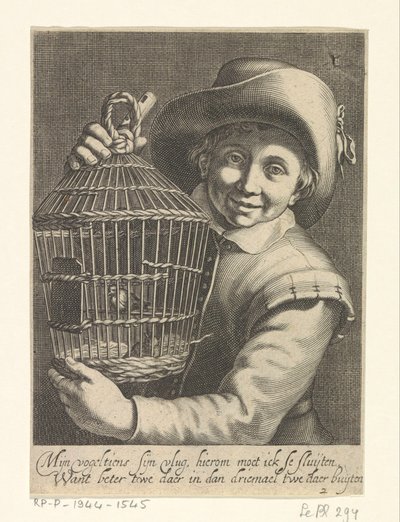 Jongen met vogelkooi door Cornelis Bloemaert (II)