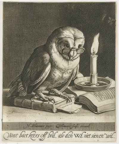 Uil met bril en boeken door Cornelis Bloemaert