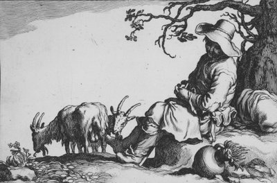 Pastorale met geitenhoeder en geiten, uit de serie Zestien boerenonderwerpen door Cornelis Bloemaert
