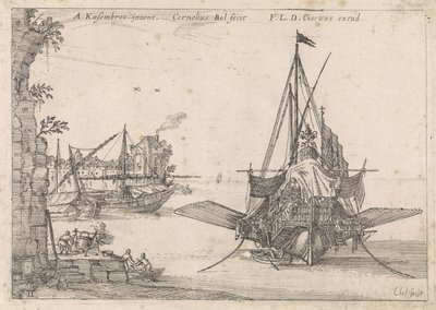 Galei ligt voor anker in een baai door Cornelis Bol