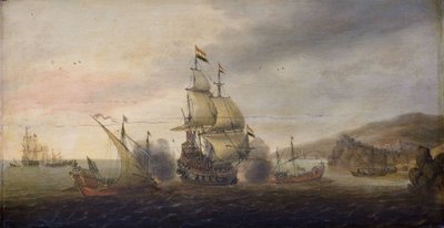 Zeeslag tussen Nederlandse oorlogsschepen en Spaanse galeien door Cornelis Bol