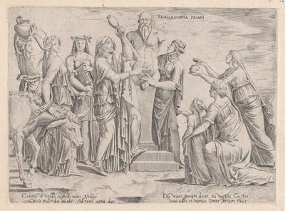 Speculum Romanae Magnificentiae: Acht vrouwen offeren aan Priapus, 16e eeuw door Cornelis Bos.