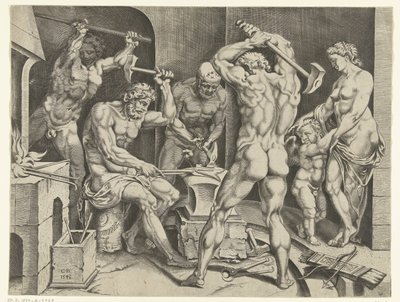 Venus en Amor in de werkplaats van Vulcanus door Cornelis Bos