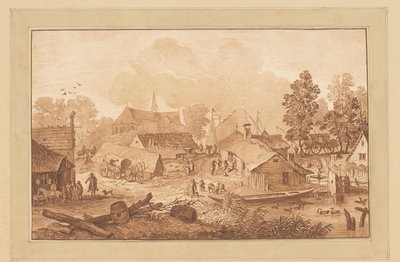 Dorpsgezicht met vijver door Cornelis Brouwer