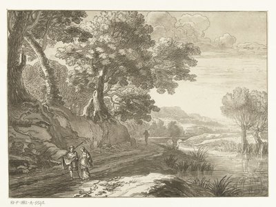 Italianiserend landschap met drie wandelaars door Cornelis Brouwer