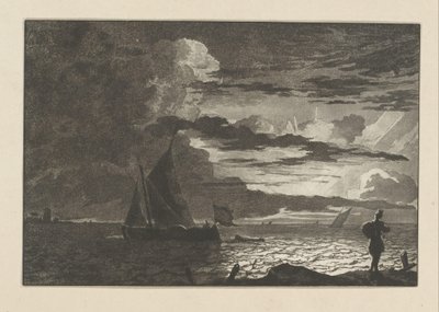 Man met zak op de schouder bij zonsopgang door Cornelis Brouwer