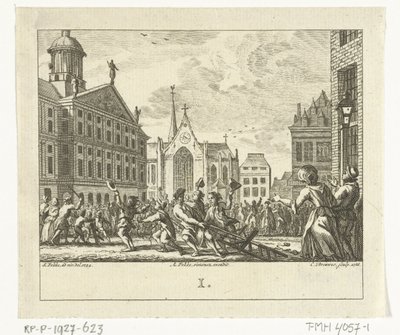 Opstand bij de begrafenis van Daniël Raap op de Dam te Amsterdam in 1754 door Cornelis Brouwer