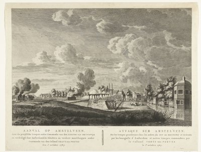 Pruisische troepen vallen Amstelveen aan dat wordt verdedigd door Amsterdamse schutters op 1 oktober 1787 door Cornelis Brouwer