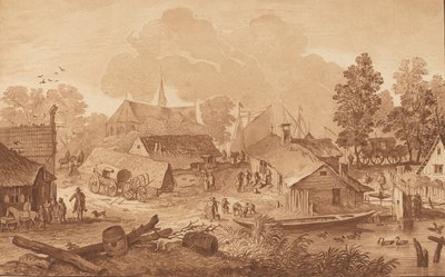 Dorp met vijver, ca. 1782 door Cornelis Brouwer