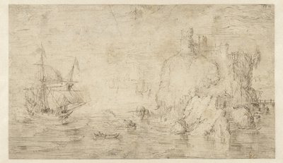 Zeegezicht met een schip bij een eiland door Cornelis Claesz van Wieringen (attributed to)