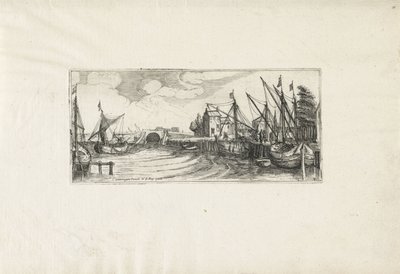 Gezicht op een haven met een sluis door Cornelis Claesz van Wieringen (possibly)