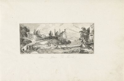 Rivierlandschap met twee vrouwen op een brug door Cornelis Claesz van Wieringen (possibly)