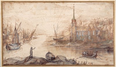 Een havenscène met schepen en een kerk bij zonsondergang door Cornelis Claesz  van Wieringen