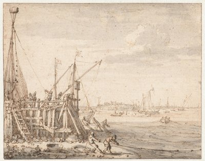 Havenhoofd met vissers die hun netten binnenhalen door Cornelis Claesz  van Wieringen