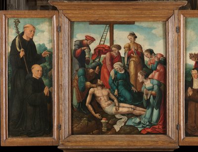Drieluik met de bewening van Christus (midden), geflankeerd door de mannelijke schenker met Sint Benedictus (links, binnenvleugel) en vrouwelijke schenker met Sint Elisabeth van Thüringen (rechts, binnenvleugel) door Cornelis Cornelisz II Buys (attributed to)