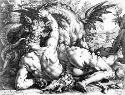 Draak verslindt de metgezellen van Cadmus, gegraveerd door Hendrik Goltzius, 1588 door Cornelis Cornelisz van Haarlem