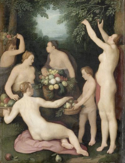 Pomona ontvangt de oogst van fruit door Cornelis Cornelisz. van Haarlem