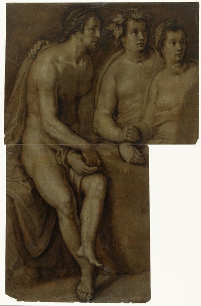 Studies van een zittende naakte man en twee vrouwen, ten halven lijve door Cornelis Cornelisz. van Haarlem