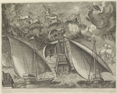 Twee galeien achter een driemaster, in de lucht de val van Phaëthon (Zeilschepen) door Cornelis Cort (possibly)