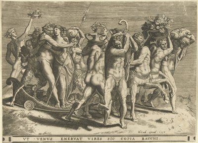 Bacchus en Venus in een koets getrokken door centauren door Cornelis Cort (rejected attribution)