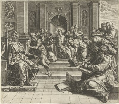 Christus, op 12-jarige leeftijd, in discussie met de schriftgeleerden door Cornelis Cort