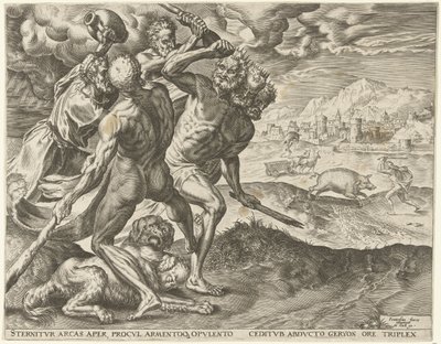 Hercules doodt Geryon en zijn hond Werken van Hercules (serietitel) door Cornelis Cort