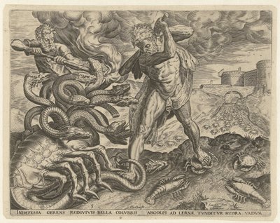 Hercules overwint de hydra van Lerna door Cornelis Cort