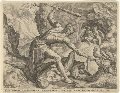 Hercules sleept Cerberus de hel uit Werken van Hercules (serie) door Cornelis Cort