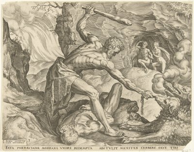 Hercules sleept Cerberus de hel uit door Cornelis Cort