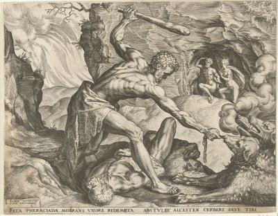 Hercules sleept Cerberus de hel uit door Cornelis Cort