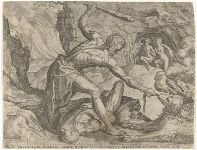 Hercules sleept Cerberus de hel uit (Werken van Hercules) door Cornelis Cort