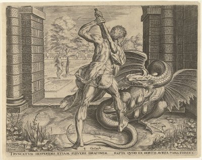 Hercules steelt de gouden appelen van de Hesperiden door Cornelis Cort