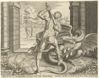 Hercules steelt de gouden appelen van de Hesperiden door Cornelis Cort