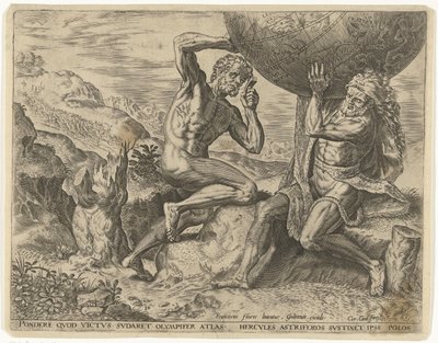 Hercules torst de wereldbol voor Atlas door Cornelis Cort