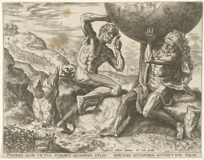 Hercules torst de wereldbol voor Atlas door Cornelis Cort