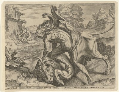 Hercules worstelt met Acheloüs Werken van Hercules (serie titel) door Cornelis Cort