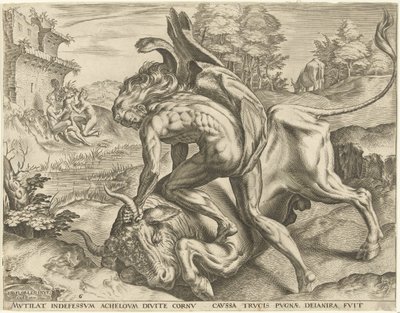Hercules worstelt met Acheloüs door Cornelis Cort
