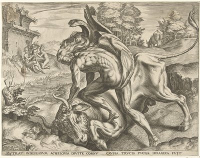 Hercules worstelt met Acheloüs door Cornelis Cort